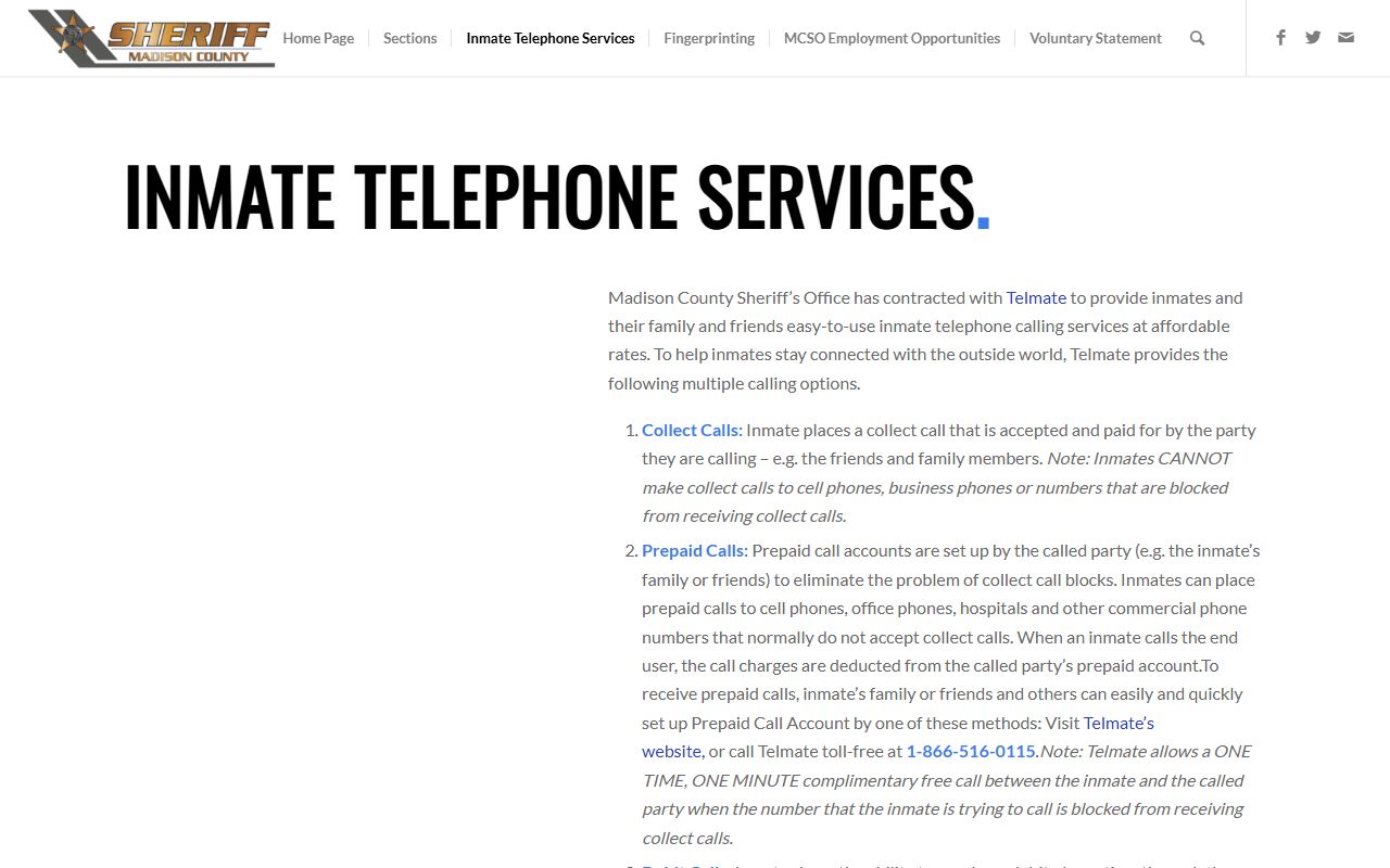 Madison County Detention Center inmate phone money and Telmate services