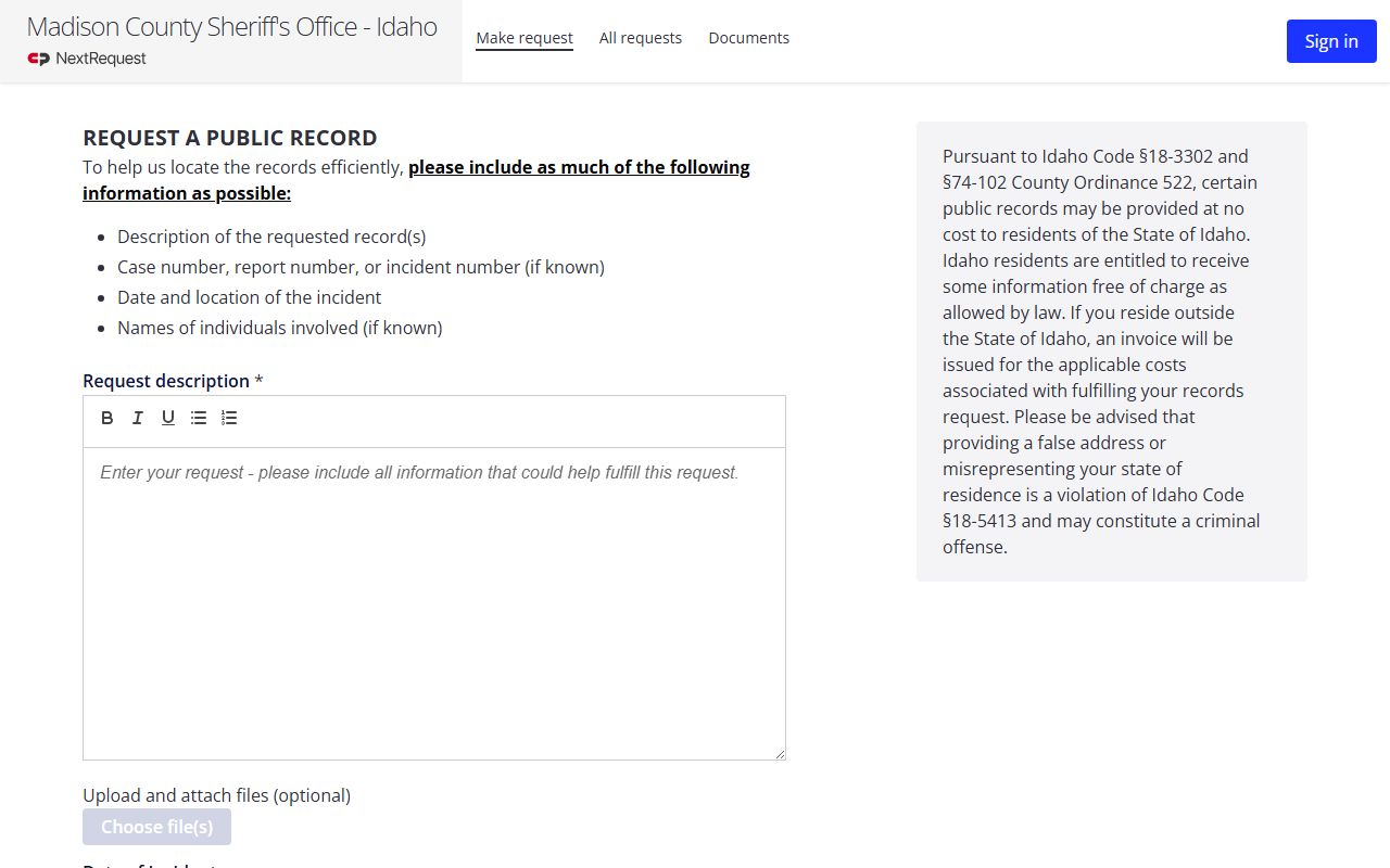 Madison County inmate records NextRequest public records request page