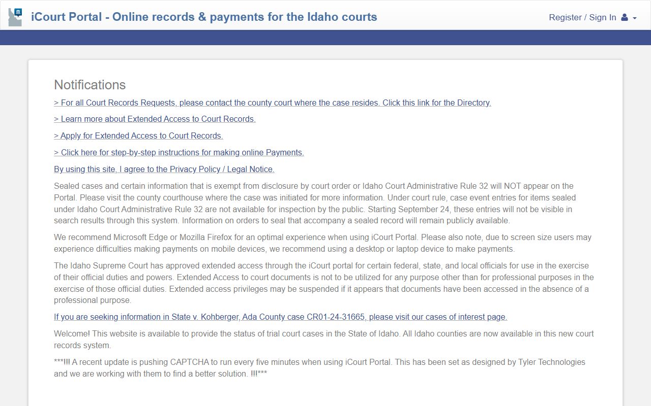 Idaho iCourt portal for Madison County court records after a jail arrest