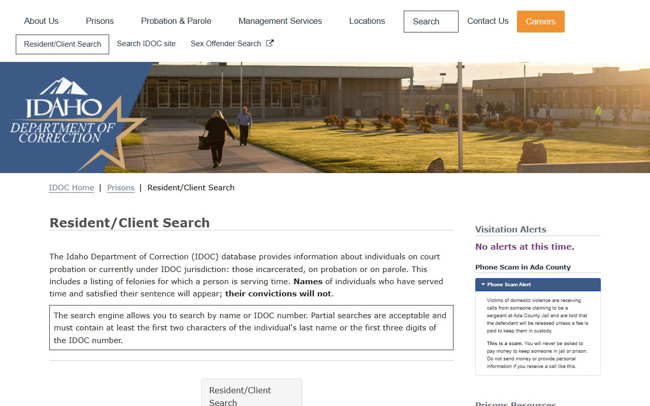 Idaho IDOC search fields for Madison County inmate lookup after sentencing